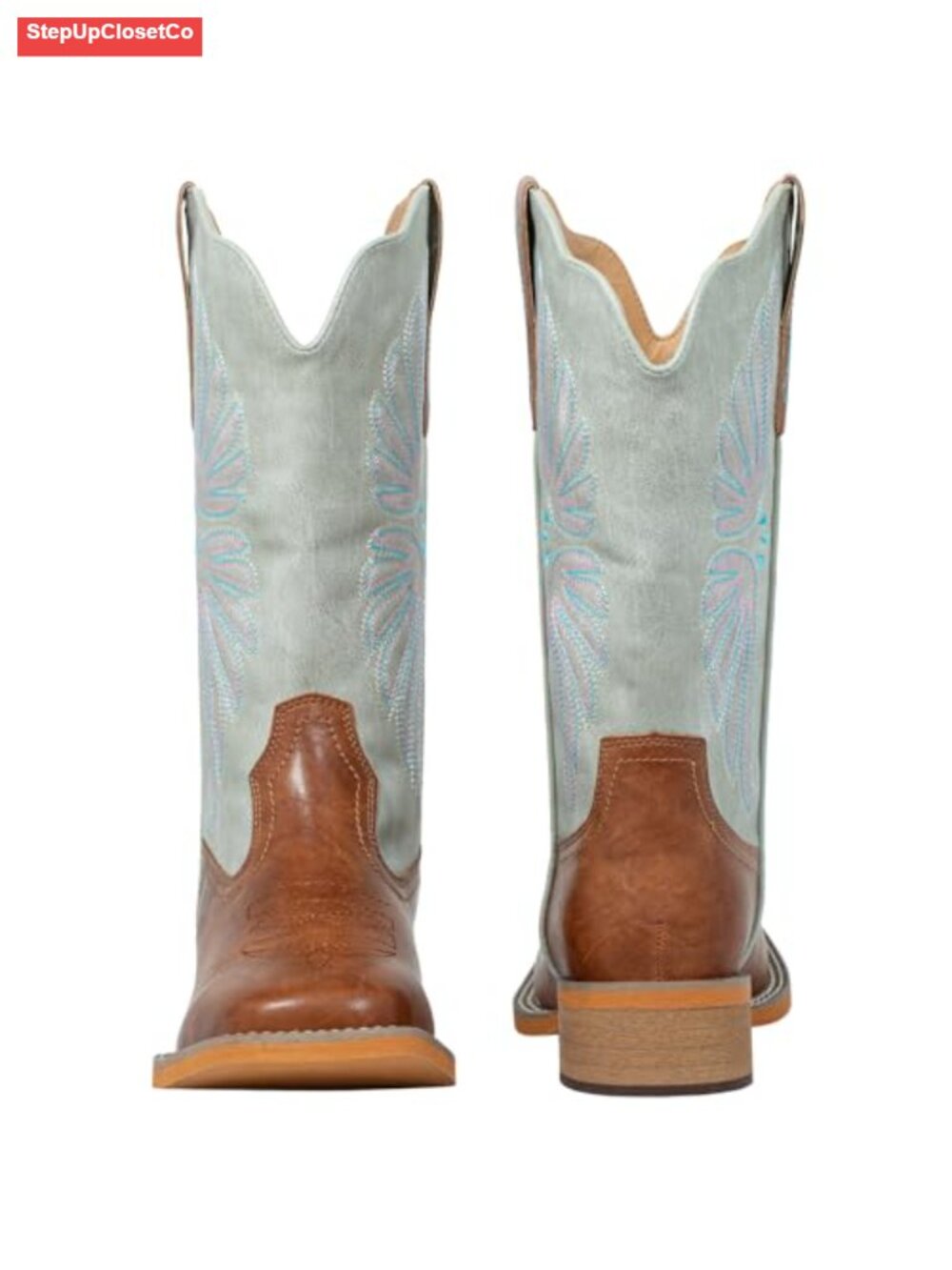 Faux Leather Square Toe Cowgirl Boots Mid Calf Embroidered Pull-On - Picture 3 of 6